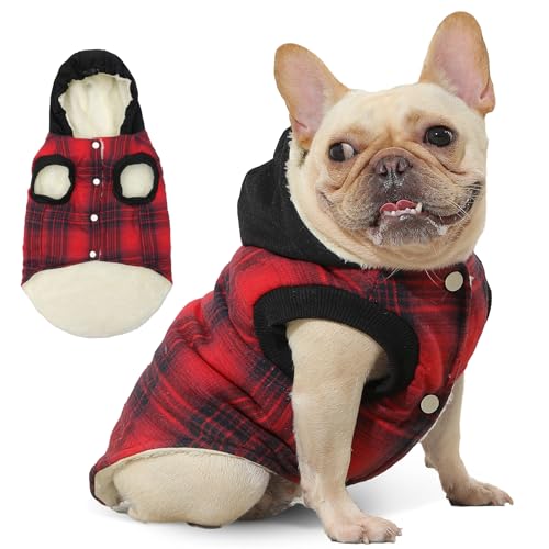 Vecomfy Hunde-Kapuzenpullover mit Fleecefutter, für mittelgroße Hunde, extra warm, kariert, mit Kordelzug, Kapuzenmantel, Winterjacke, Rot, Größe XL von vecomfy