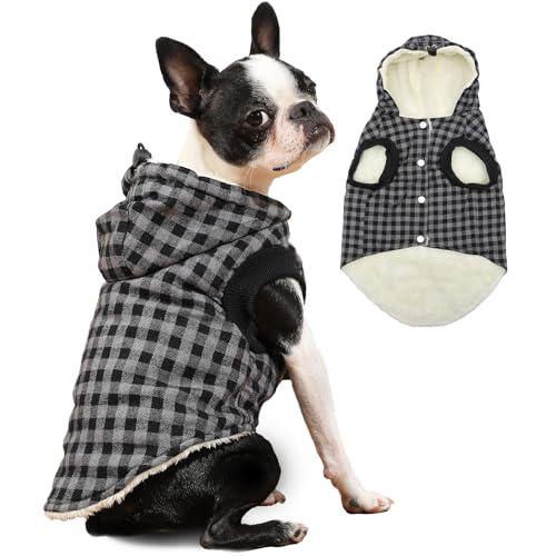 Vecomfy Hunde-Kapuzenpullover mit Fleecefutter, für mittelgroße Hunde, extra warm, kariert, mit Kordelzug, Kapuzenmantel, Winterjacke, Schwarz, Größe L von vecomfy