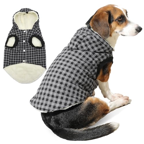 Vecomfy Hunde-Kapuzenpullover mit Fleecefutter, für mittelgroße Hunde, extra warm, kariert, mit Kordelzug, Kapuzenmantel, Winterjacke, Schwarz, Größe XL von vecomfy