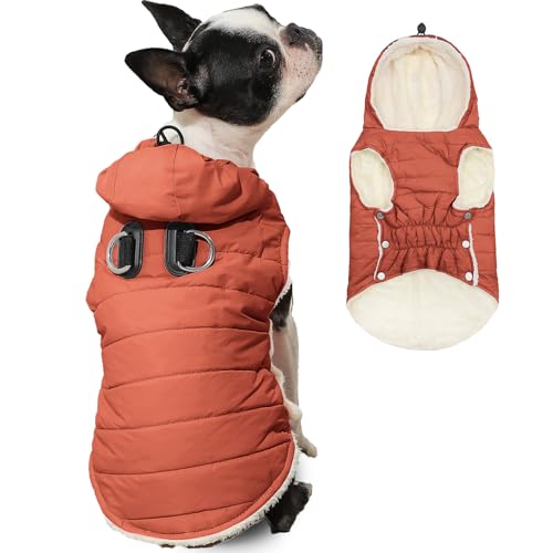 Vecomfy Hunde-Kapuzenpullover mit integriertem Geschirr, extra warm, für kleine Hunde im Winter, Welpenmantel mit Kordelzug, Orange, Größe S von vecomfy