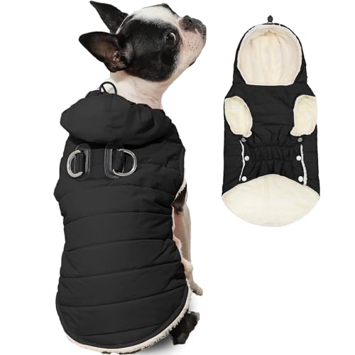 Vecomfy Hunde-Kapuzenpullover mit integriertem Geschirr, extra warm, für kleine Hunde im Winter, Welpenmantel mit Kordelzug, Schwarz, Größe M von vecomfy