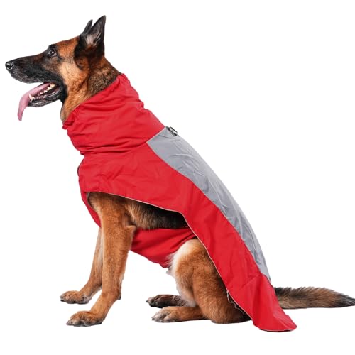 Vecomfy Hunde-Regenmantel mit integriertem Geschirr, wasserdichte Outdoor-Regenjacke für mittelgroße Hunde, verstellbare Taille durch Riemen, Rot, Größe M von vecomfy