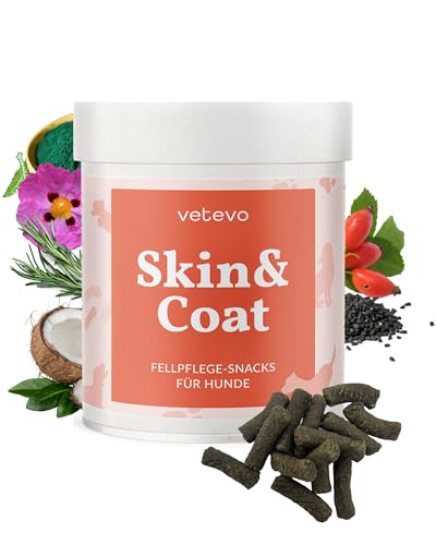 vetevo Skin & Coat Bites Fellpflege-Snacks für Hunde, für Glänzendes Fell, Gegen Haarausfall & Juckreiz, Natürlicher Zecken-Schutz Hund - 300g Dose von vetevo