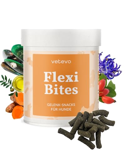 vetevo Flexi Bites Gelenk Snacks mit Grünlippmuschel Hund, Leckerli Statt Gelenktabletten, Unterstützt Knochen 6 Gelenke, mit Hagebutte - 300g Dose von vetevo