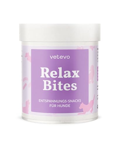 vetevo Relax Bites, Anti Stress Snack Hund mit Baldrian, Passionsblume & Melisse, Beruhigungsmittel bei Stress, Zittern, Angst, Seelenruhe – 300g Dose von vetevo