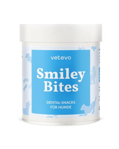 vetevo Smiley Bites Hunde Zahnpflege Snack, Zahnpflege Hund, gegen Mundgeruch Hund, Zahnstein Hund, mit Seealge, Pfefferminze & Petersilie – 300g Dose von vetevo
