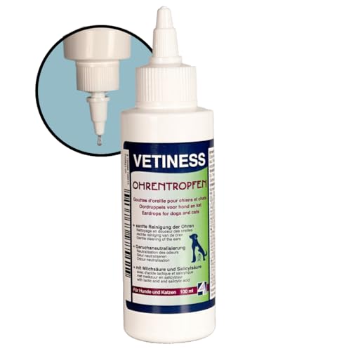 Vetiness Ohrentropfen für Hunde und Katzen 100 ml | sanfte Reinigung mit Lavendelöl | Geruchsneutralisierung | Ohrenreiniger für Hunde und Katzen | Ohrenpflege & Löst Schmutz und Rückstände von vetiness