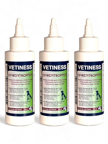 vetiness Ohrentropfen 3X 100 ml Vorteilspack | sanfte Reinigung | Geruchsneutralisierung | mit Milchsäure und Salicylsäure | Ohrenreiniger für Hunde und Katzen | Ohrenentzündung Hund | Löst Schmutz von vetiness