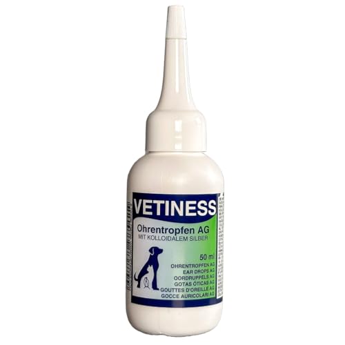 vetiness Ohrentropfen AG 25 – Ohrenpflege mit kolloidalem Silber und Aloe Vera – Schmerzfreier Reiniger für Hunde und Katzen – 50-ml von vetiness