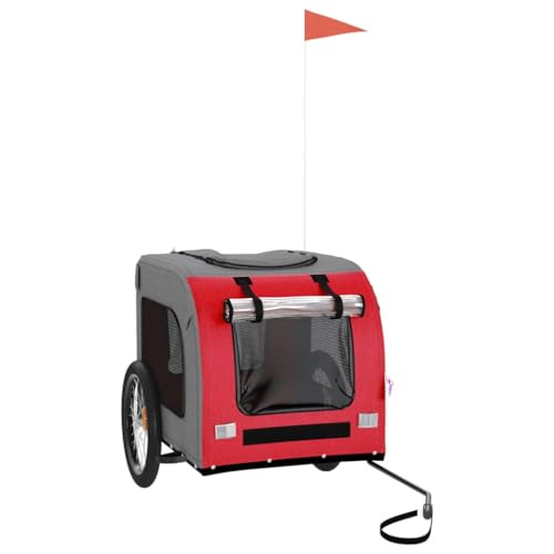 vidaXL Fahrradanhänger für Hunde, Hundeanhänger mit Reflektoren Flagge, Hundetransporter Maximale Belastbarkeit 45kg, Rot Grau Oxford-Gewebe Eisen von vidaXL