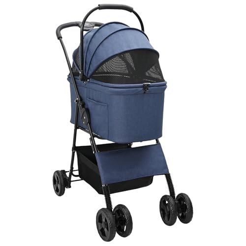 vidaXL Haustierwagen in Blau mit 4 Rädern, aus wasserdichtem Oxford-Gewebe, faltbares Design (81 x 47 x 99 cm), zusammenklappbar, mit Sicherheitsbremse. Bequem für Hunde und Katzen von vidaXL