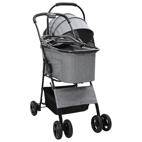 vidaXL Haustierwagen in Grau – 4 Räder, Oxford-Stoff, 81 x 47 x 99 cm. Moderner, Faltbarer und tragbarer Buggy mit Komfort. Hat eine Sensible Bremse und ist sowohl für drinnen als auch draußen von vidaXL