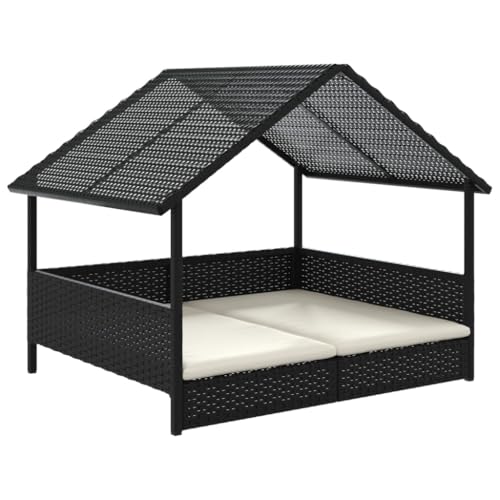 vidaXL Hundehütte mit Kissen, Hundehaus mit Stahlgestell Dach, Hundezwinger mit Erhöhter Boden, Hundekäfig Haustierhütte, Schwarz Poly Rattan von vidaXL