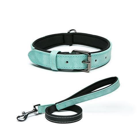 Reflektierendes Hundehalsband und Leine, Set aus leuchtendem PU-Leder, wasserdichter Komfort, galvanisierte Schnalle, 1,1 m lange Leine (Blaugrün, XL-Kragenbreite 3 cm) von vilichi