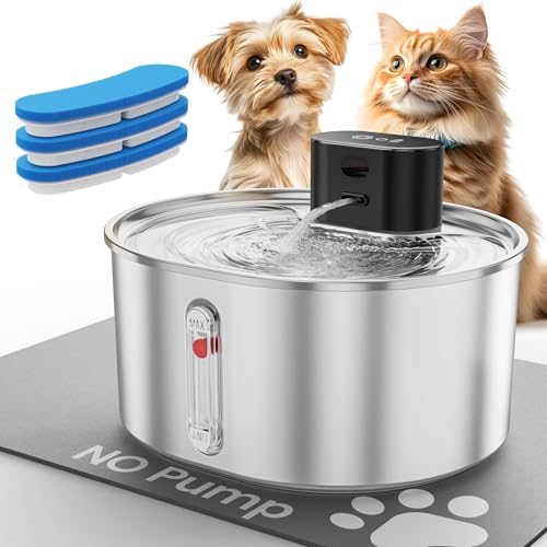 Virtulance No Pump Cat Water Fountain with 3 Filter - 3.2L/3,061.7 g Stainless Steel Pet Water Fountain, Cordless Automatic Dispenser, Ultra Quiet von virtulance