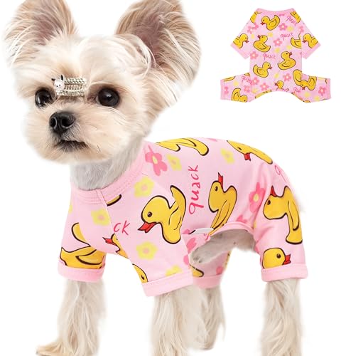 Hunde-Pyjama, Sommer-Hundekleidung für kleine, mittelgroße Hunde, Jungen, Mädchen, niedlicher Hunde-Einteiler, atmungsaktiv, Welpenkleidung, weich, dehnbar, Katzen-Haustier-Outfit (Gelb, L) von viunimo