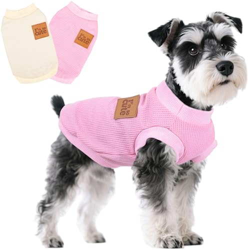 Hunde-Shirt, Weste, Hundekleidung für kleine Hunde, Sommer-Waffelmuster, weich, ärmellos, leicht, mittelgroß, Hunde-Outfit, Katzenkleidung (Rosa + Beige, XS), 2 Stück von viunimo