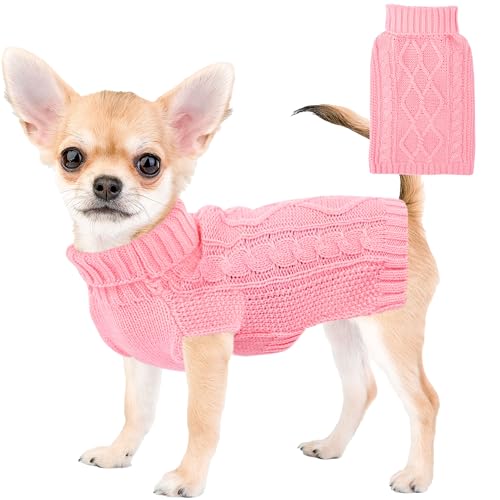 Hundepullover für kleine Hunde, Winterkleidung, Rollkragen, Welpenpullover, warme Haustierkleidung, gestrickt, solide, Katzenpullover, Hunde-Outfit, Größe XS ~ L, Hellrosa, Größe M von viunimo