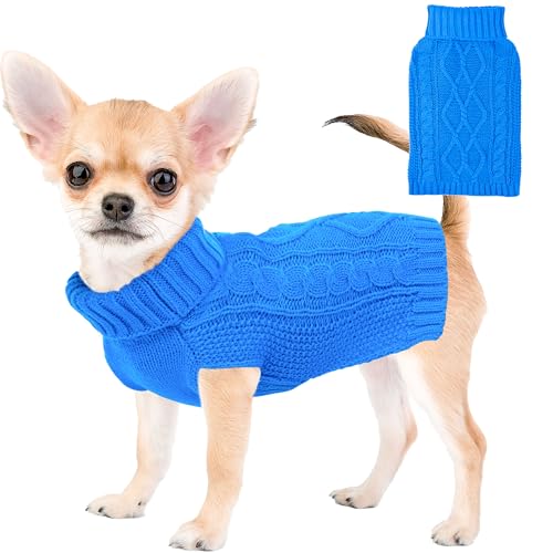 Hundepullover für kleine Hunde, Winterkleidung, Rollkragen, Welpenpullover, warme Haustierkleidung, gestrickt, solide, Katzenpullover, Hunde-Outfit, Größe XS ~ L (L-Blau, L) von viunimo