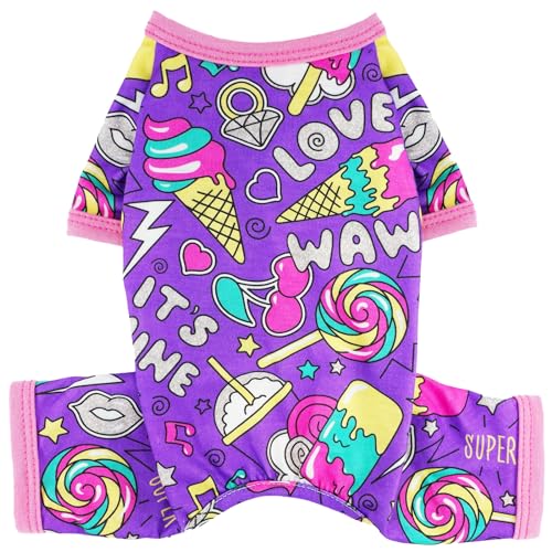 viunimo Hunde-Pyjama für kleine und mittelgroße Hunde, Sommer, niedlich, für Jungen und Mädchen, weich, dehnbar, Einteiler, Welpenkleidung, Katze, Haustier, Jammies-Outfit (Violett, Größe M) von viunimo