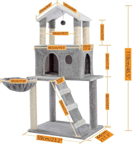 Kratzbaum, mehrstöckiges Katzenhaus, großer Bass, Haltegriff und Hängematte, Katzenklettergerüst zum Spielen und Ausruhen, geeignet für große Katzen und Kätzchen, Kratzbaummöbel, AMT0051GY Kratzbaum, mehrstöckiges Katzenhaus, großer Bass, Haltegriff und Hängematte, Katzenklettergerüst zum Spielen und Ausruhen, geeignet für große Katzen und Kätzchen, Kratzbaummöbel, AMT0051GY von vkeid