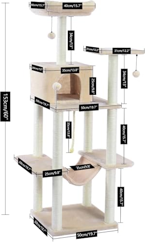 Kratzbaum, mehrstöckiges Katzenhaus, großer Bass, Haltegriff und Hängematte, Katzenklettergerüst zum Spielen und Ausruhen, geeignet für große Katzen und Kätzchen, Kratzbaummöbel, AMT0051GY Kratzbaum, mehrstöckiges Katzenhaus, großer Bass, Haltegriff und Hängematte, Katzenklettergerüst zum Spielen und Ausruhen, geeignet für große Katzen und Kätzchen, Kratzbaummöbel, AMT0051GY von vkeid
