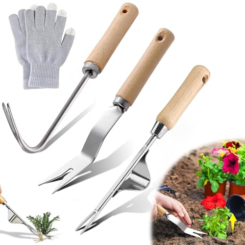 3 Stück Unkrautstecher Edelstahl Unkrautstecher Edelstahl mit Holzgriff Wurzeljäter mit Griff Unkraut Werkzeug Unkrautjäter Handbetätigt für Garten Jäten Umpflanzen Entwurzeln Geschenk für Gärtner von vnfsmy