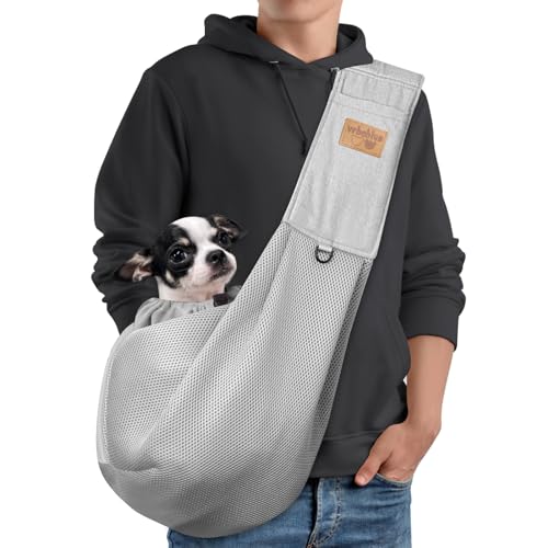 vrbabies Hundetragetasche, atmungsaktives Netzgewebe, verstellbarer Riemen, Hundetragetasche mit Tasche, freihändige Hundetragetasche für Reisen im Freien (Grau, L) von vrbabies