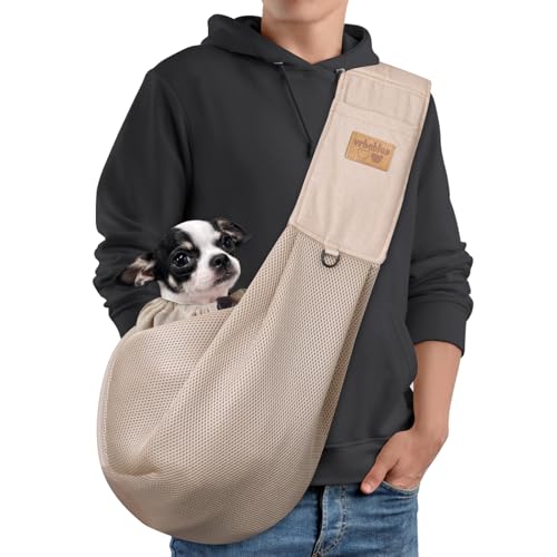 vrbabies Hundetragetasche, atmungsaktives Netzgewebe, verstellbarer Riemen, Hundetragetasche mit Tasche, freihändige Hundetragetasche für Reisen im Freien (Beige-L) von vrbabies