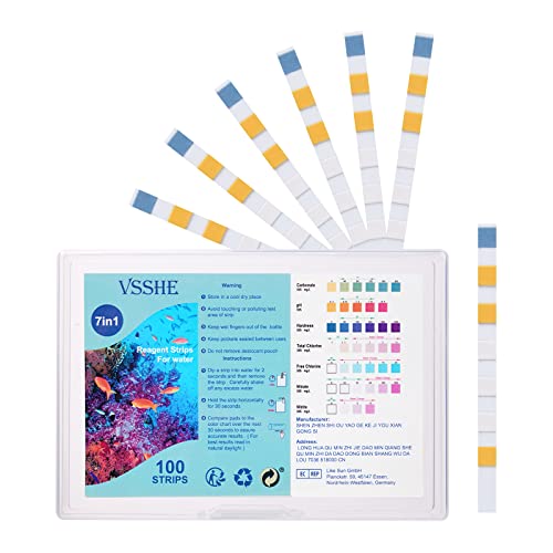 vsshe 7 in 1 Aquarium Teststreifen,100 Streifen Aquarium Wassertest zum Testen | Süßwasser Streifen Aquarium Test Kit von Gesamthärte Gesamtalkalinität Karbonat Nitrat Nitrit Freiem Chlor PH Genauer von vsshe