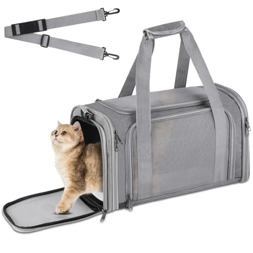 vsshe Hundebox faltbar, Hundetransportbox, Transporttasche für Katze Hund für Reise Auto Flugzeug, Leicht Atmungsaktiv Tragebox für Kleine&Mittelgroße Katze Kaninchen Welpen bis 15lbs (grau) von vsshe