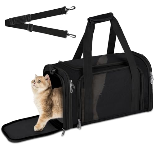 vsshe Hundebox faltbar, Hundetransportbox, Transporttasche für Katze Hund für Reise Auto Flugzeug, Leicht Atmungsaktiv Tragebox für Kleine&Mittelgroße Katze Kaninchen Welpen bis 15lbs (Schwarz) von vsshe