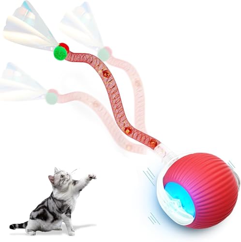 Interaktives Katzenball Spielzeug, Katzenspielzeug Elektrisch, 360° Automatisch Hundeball Elektrisch, Katzenball mit LED-Licht, Interaktives Katzenspielzeug mit Libellenschwanz Unregelmäßige Bewegung von waabose