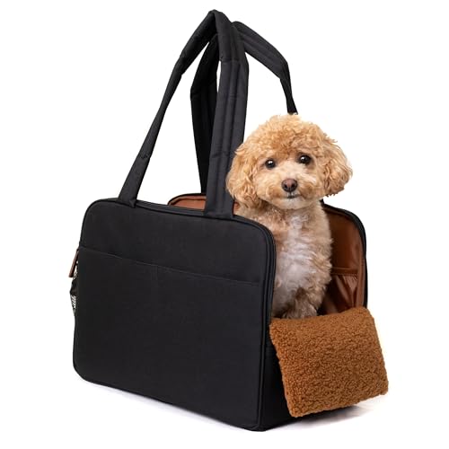 Schwarze Hundetasche für kleine Hunde - Baumwolle gepolsterte Innenseite, mehrere Taschen, atmungsaktives Mesh & bequemer Gurt, strapazierfähige Polyester-Reisetasche, leichte Katzentasche von wagfur