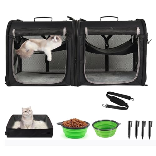 Wakytu Tragbare 2-in-1-Haustier-Tragetasche für mittelgroße Hunde, Reise-Doppel-Hundekisten-Set mit tragbarer Tragetasche/Hängematten/Matte/Zeltheringe/2 Stück Futternäpfe für Outdoor Camping von wakytu