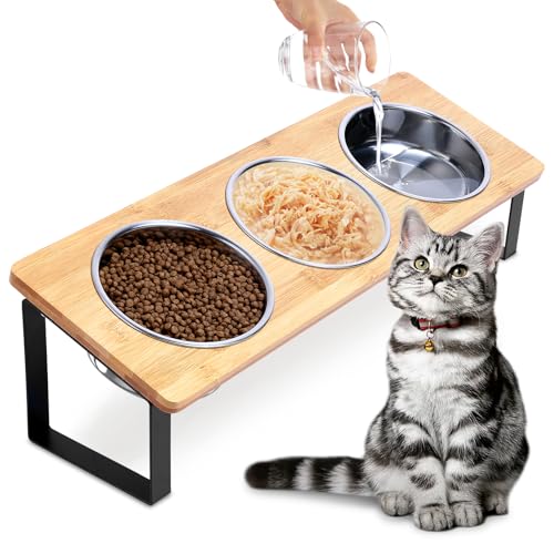 Katzennäpfe mit 15° geneigtem erhöhtem Katzenfutterschalenständer, Anti-Erbrechen, 3 x 14 cm Edelstahlnäpfe für Katzen und Welpen von waxworq