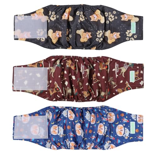 wegreeco Waschbares Bauchband für männliche Hunde (stilvolles Muster) – 3 Stück – waschbare Bauchwickel für männliche Hunde, Hundewindeln für männliche Hunde (lustige Hunde, groß) von wegreeco