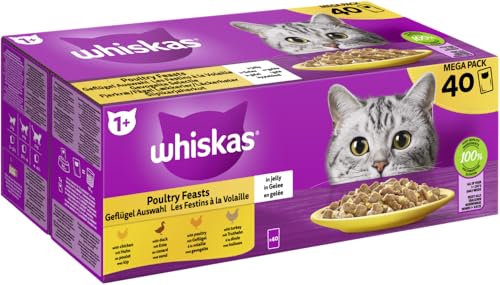 WHISKAS® Multipack Portionsbeutel 1+ Geflügel Auswahl 4 Varietäten Huhn, Ente, Geflügel, Truthahn in Gelee 40x85g von whiskas