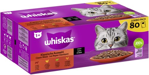 WHISKAS® Multipack Portionsbeutel 1+ Klassische Auswahl 4 Varietäten Rind, Huhn, Lamm, Geflügel in Sauce 80x85g von whiskas
