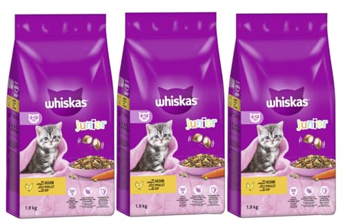 WHISKAS Beutel Katzenfutter Trockenfutter (3X 1900g, Junior mit Huhn) von whiskas