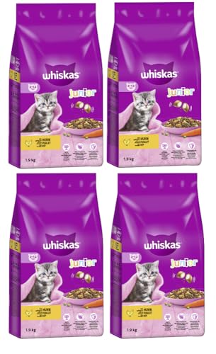 WHISKAS Beutel Katzenfutter Trockenfutter (4X 1900g, Huhn, Junior 2-12 Monate) von whiskas