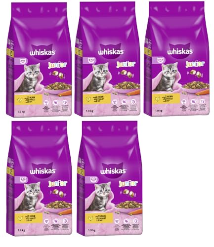 WHISKAS Beutel Katzenfutter Trockenfutter (5X 1900g, Huhn, Junior 2-12 Monate) von whiskas