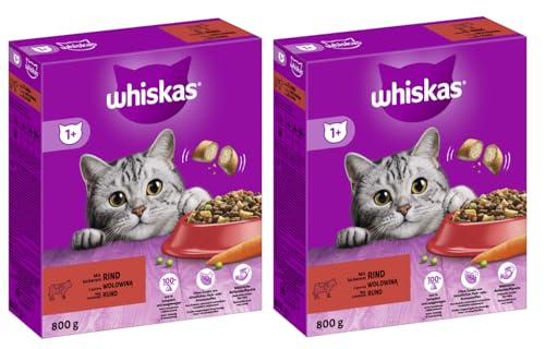 WHISKAS Karton Trocken 1+ Katzenfutter Katzentrockenfutter (2X 800g, Rind) von whiskas