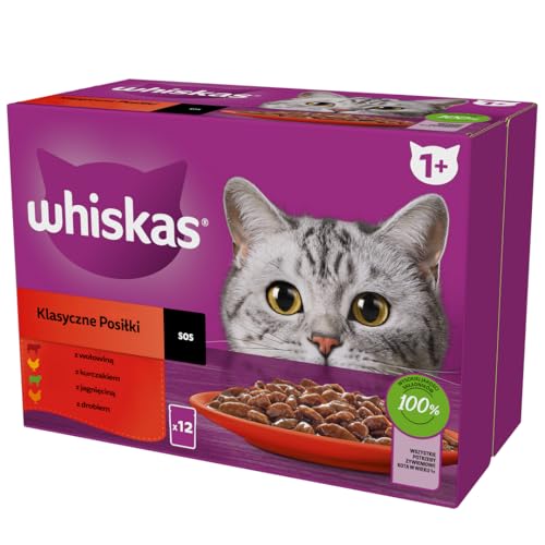 WHISKAS Mahlzeit für Katzen – 48 Frischebeutel (2 Packungen mit 24 x 85 g) – Klassische Mahlzeiten (4 Sorten) – Nassfutter für ausgewachsene Katzen in Sauce. Komplettes Nassfutter, auch für von whiskas