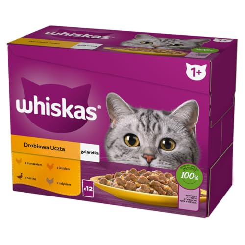 WHISKAS Mahlzeit für Katzen – 48 Frischebeutel (4 Packungen mit 12 x 85 g) – Festins mit Geflügel (4 Sorten) – Nassfutter für ausgewachsene Katzen in Gelee, Nassfutter, auch für sterilisierte Katzen von whiskas