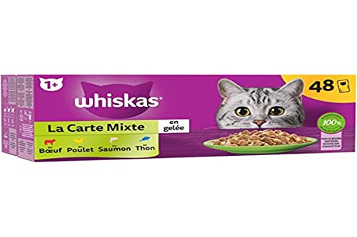 WHISKAS Mahlzeiten – 48 Beutel Frische – La Carte Unisex (4 Sorten) – Nassfutter für ausgewachsene Katzen in Gelee – komplettes & ausgewogenes Nassfutter, geeignet für sterilisierte Katzen von whiskas