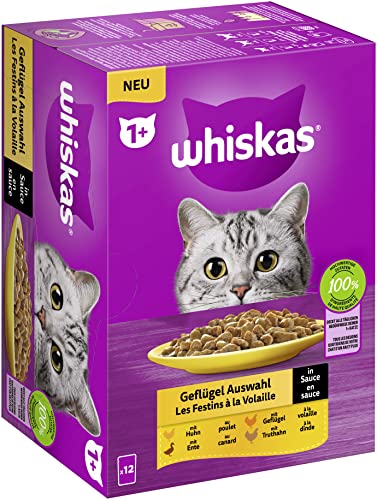 Whiskas 1+ Katzenfutter Geflügel Auswahl in Sauce, 12x85g (1 Packung) – Hochwertiges Nassfutter für ausgewachsene Katzen in 12 Portionsbeuteln von whiskas