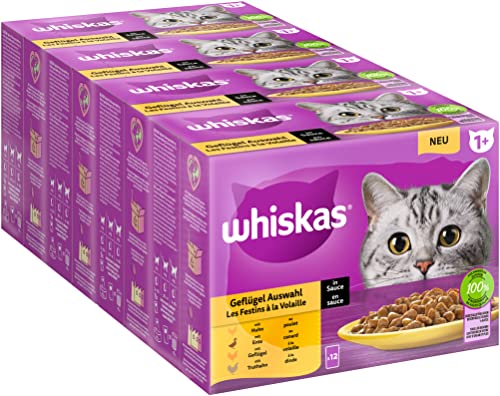 Whiskas 1+ Katzenfutter Geflügel Auswahl in Sauce, 12x85g (4 Packungen) – Hochwertiges Nassfutter für ausgewachsene Katzen in 48 Portionsbeuteln von whiskas