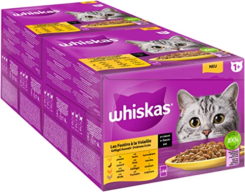 Whiskas 1+ Katzenfutter Geflügel Auswahl in Sauce, 24x85g (2 Packungen) – Hochwertiges Nassfutter für ausgewachsene Katzen in 48 Portionsbeuteln von whiskas