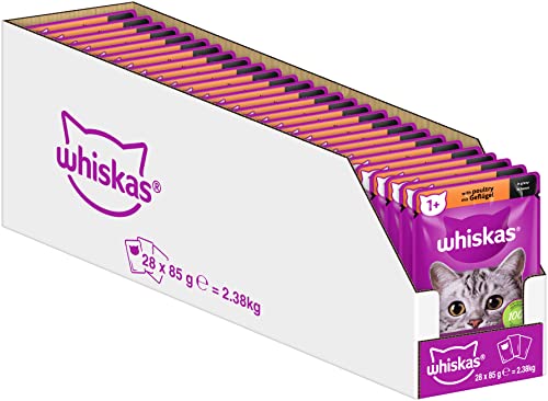 Whiskas 1+ Katzenfutter Geflügel in Sauce, 28x85g (1 Packung) – Hochwertiges Nassfutter für ausgewachsene Katzen in 28 Portionsbeuteln von whiskas